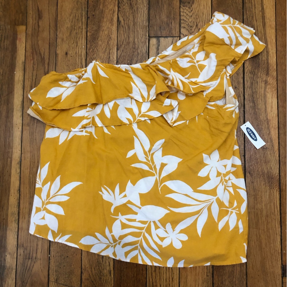 NWT Old Navy Mustard Floral One-Shoulder Ruffle Top size large - Picture 3 of 13
